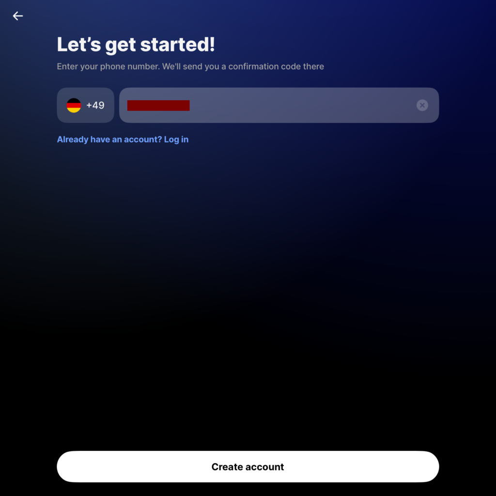 فتح حساب بنكي مغلق وتأمين صحي أونلاين مع باقة Fintiba Plus للحصول على مستندات الفيزا الألمانية شاشة إدخال رقم الهاتف في تطبيق Revolut لإنشاء الحساب البنكي الجاري