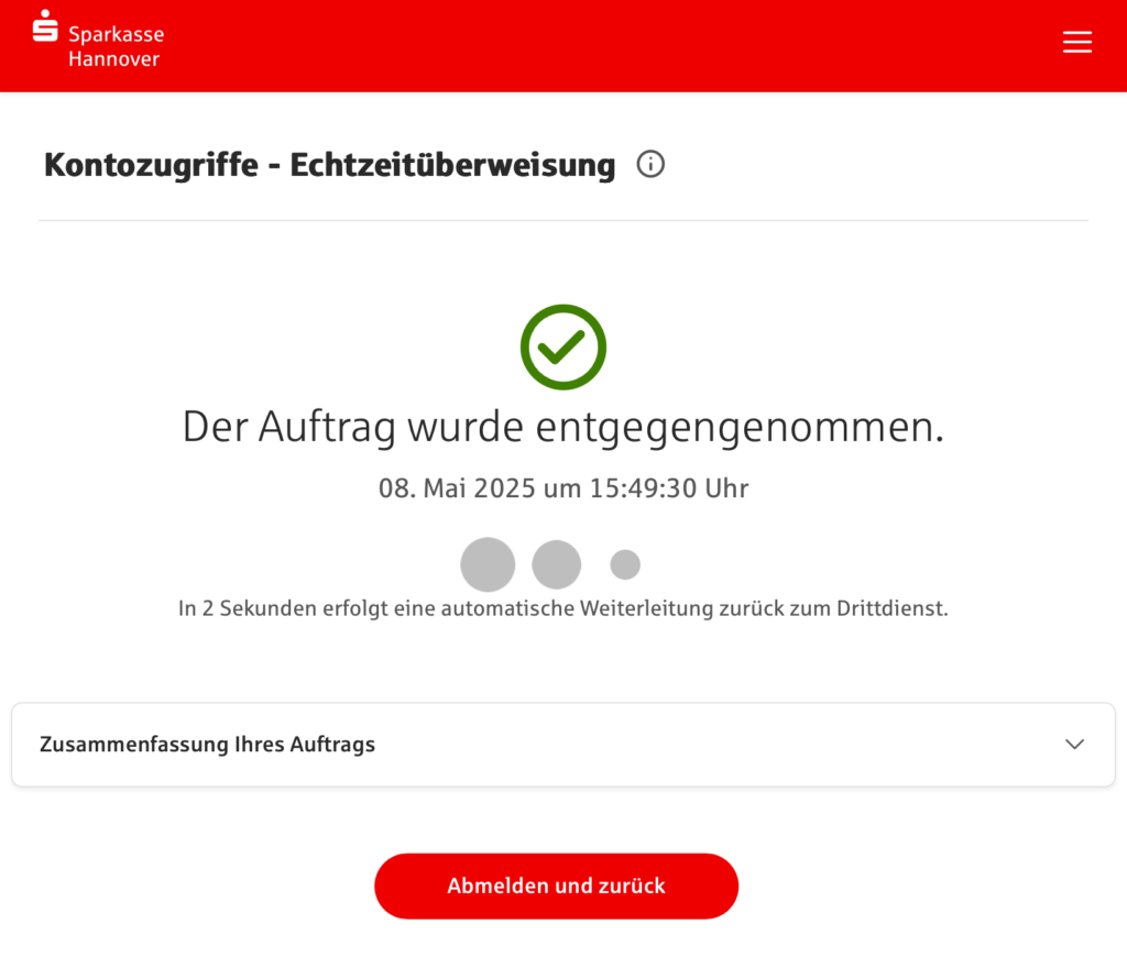 فتح حساب بنكي مغلق وتأمين صحي أونلاين مع باقة Fintiba Plus للحصول على مستندات الفيزا الألمانية لقطة شاشة توضح إشعار تأكيد تحويل الأموال من حساب بنك Sparkasse الألماني إلى حساب Revolut