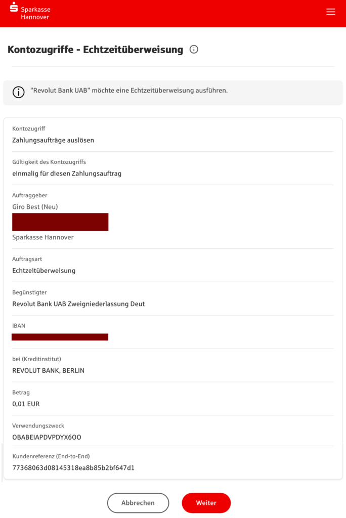 فتح حساب بنكي مغلق وتأمين صحي أونلاين مع باقة Fintiba Plus للحصول على مستندات الفيزا الألمانية لقطة شاشة توضح الخطوة الأخيرة من عملية تحويل الأموال من بنك Sparkasse إلى Revolut ضمن خطوات تأكيد الهوية