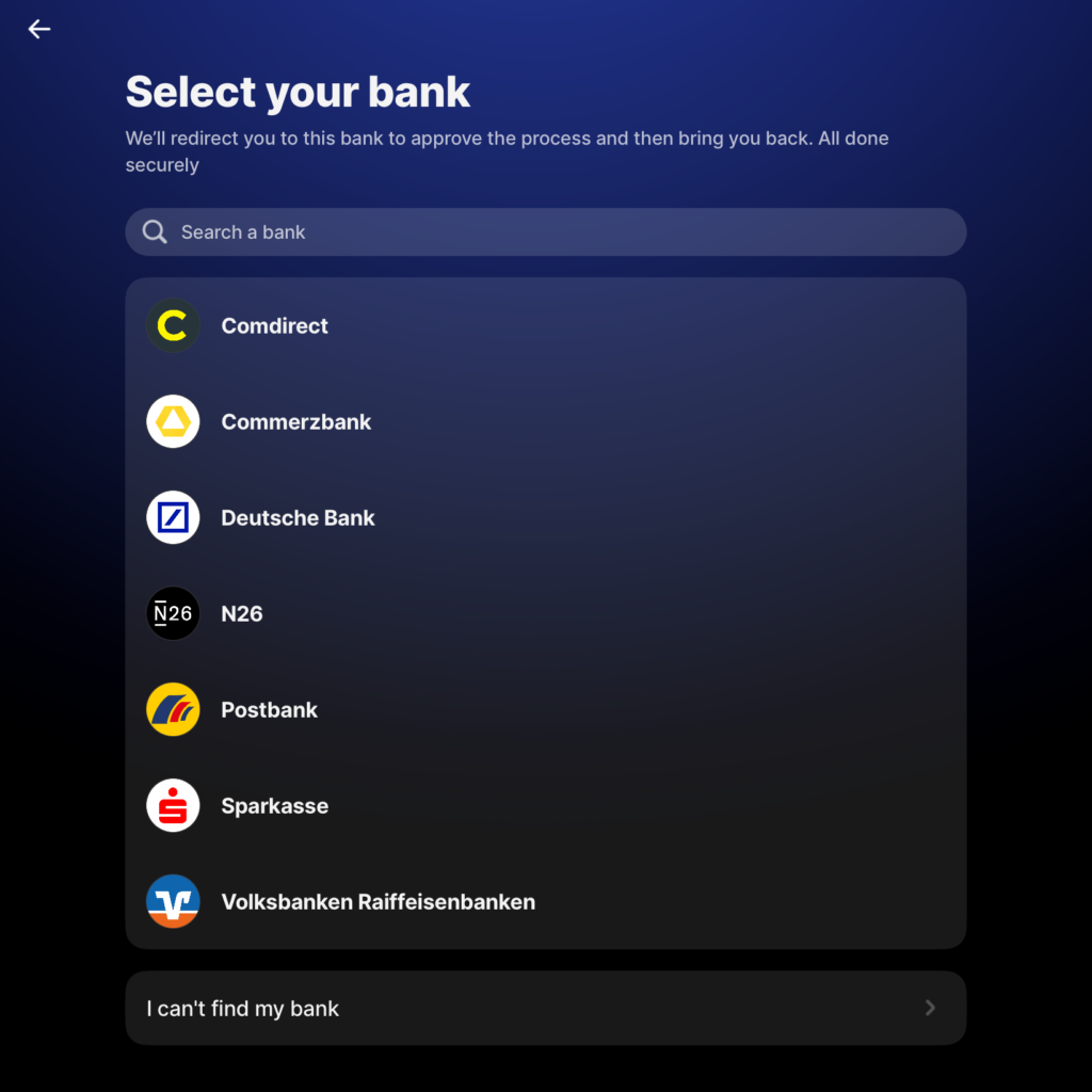 فتح حساب بنكي مغلق وتأمين صحي أونلاين مع باقة Fintiba Plus للحصول على مستندات الفيزا الألمانية اختيار البنك الألماني الذي سيتم استخدامه للتحقق من الهوية داخل تطبيق Revolut أثناء عملية التسجيل