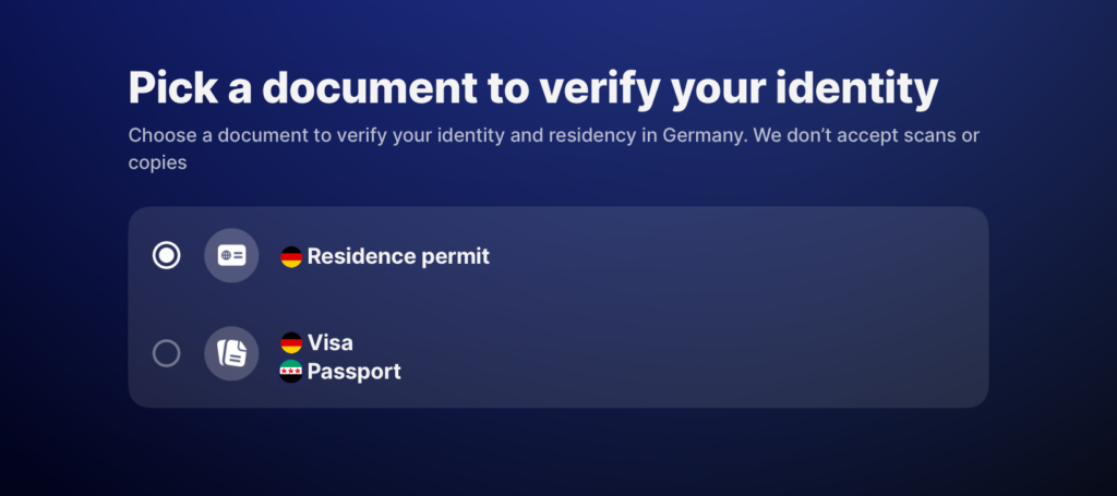فتح حساب بنكي مغلق وتأمين صحي أونلاين مع باقة Fintiba Plus للحصول على مستندات الفيزا الألمانية تطبيق Revolut يعرض قائمة بالوثائق الرسمية للاختيار من بينها ضمن إجراءات فتح الحساب البنكي