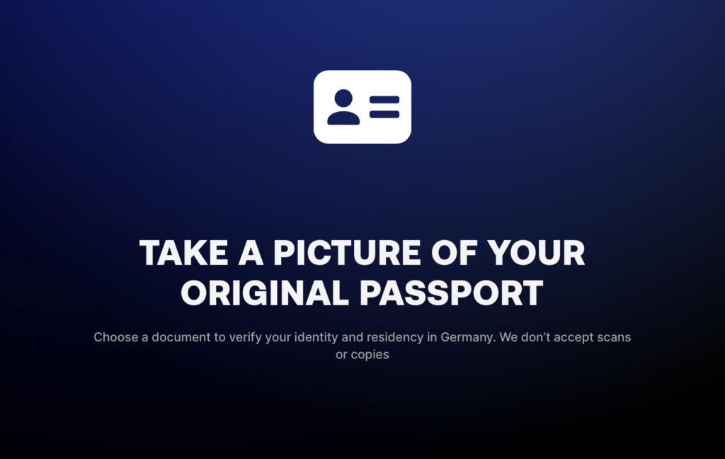 فتح حساب بنكي مغلق وتأمين صحي أونلاين مع باقة Fintiba Plus للحصول على مستندات الفيزا الألمانية التقاط صورة للوثيقة الأصلية كجزء من خطوات التحقق من الهوية لفتح حساب Revolut بنكي جديد