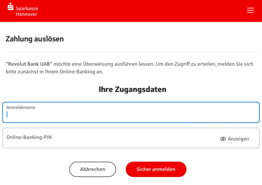 فتح حساب بنكي مغلق وتأمين صحي أونلاين مع باقة Fintiba Plus للحصول على مستندات الفيزا الألمانية واجهة تسجيل الدخول إلى حساب Sparkasse عبر تطبيق Revolut، ضمن خطوات تأكيد الهوية