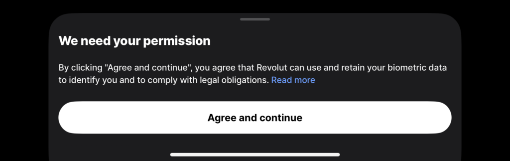 فتح حساب بنكي مغلق وتأمين صحي أونلاين مع باقة Fintiba Plus للحصول على مستندات الفيزا الألمانية صورة تظهر إشعارا من تطبيق Revolut يطلب من المستخدم الموافقة على استخدام بياناته البيومترية كجزء من خطوات تأكيد الهوية