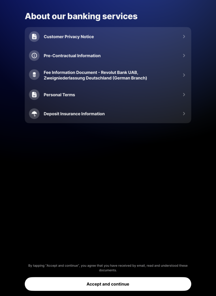 فتح حساب بنكي مغلق وتأمين صحي أونلاين مع باقة Fintiba Plus للحصول على مستندات الفيزا الألمانية الموافقة على اتفاقية الاستخدام والشروط التنظيمية أثناء فتح حساب على تطبيق Revolut البنكي