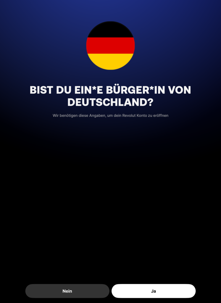 فتح حساب بنكي مغلق وتأمين صحي أونلاين مع باقة Fintiba Plus للحصول على مستندات الفيزا الألمانية تطبيق Revolut يعرض سؤالًا حول الجنسية الألمانية ضمن خطوات فتح الحساب البنكي