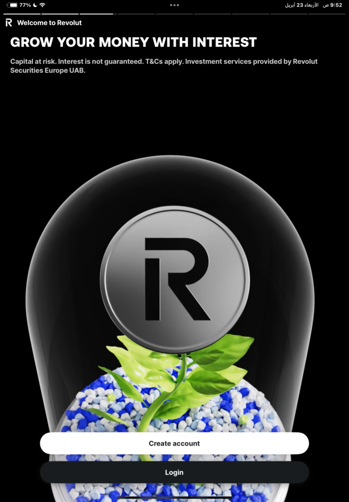 فتح حساب بنكي مغلق وتأمين صحي أونلاين مع باقة Fintiba Plus للحصول على مستندات الفيزا الألمانية واجهة تطبيق Revolut بعد تحميله على الجهاز الخاص بك