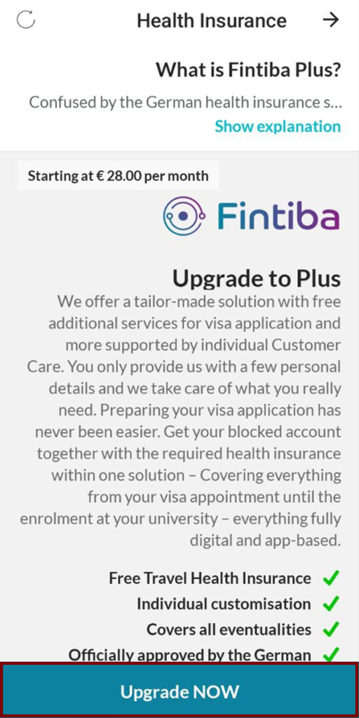 فتح حساب بنكي مغلق وتأمين صحي أونلاين مع باقة Fintiba Plus للحصول على مستندات الفيزا الألمانية